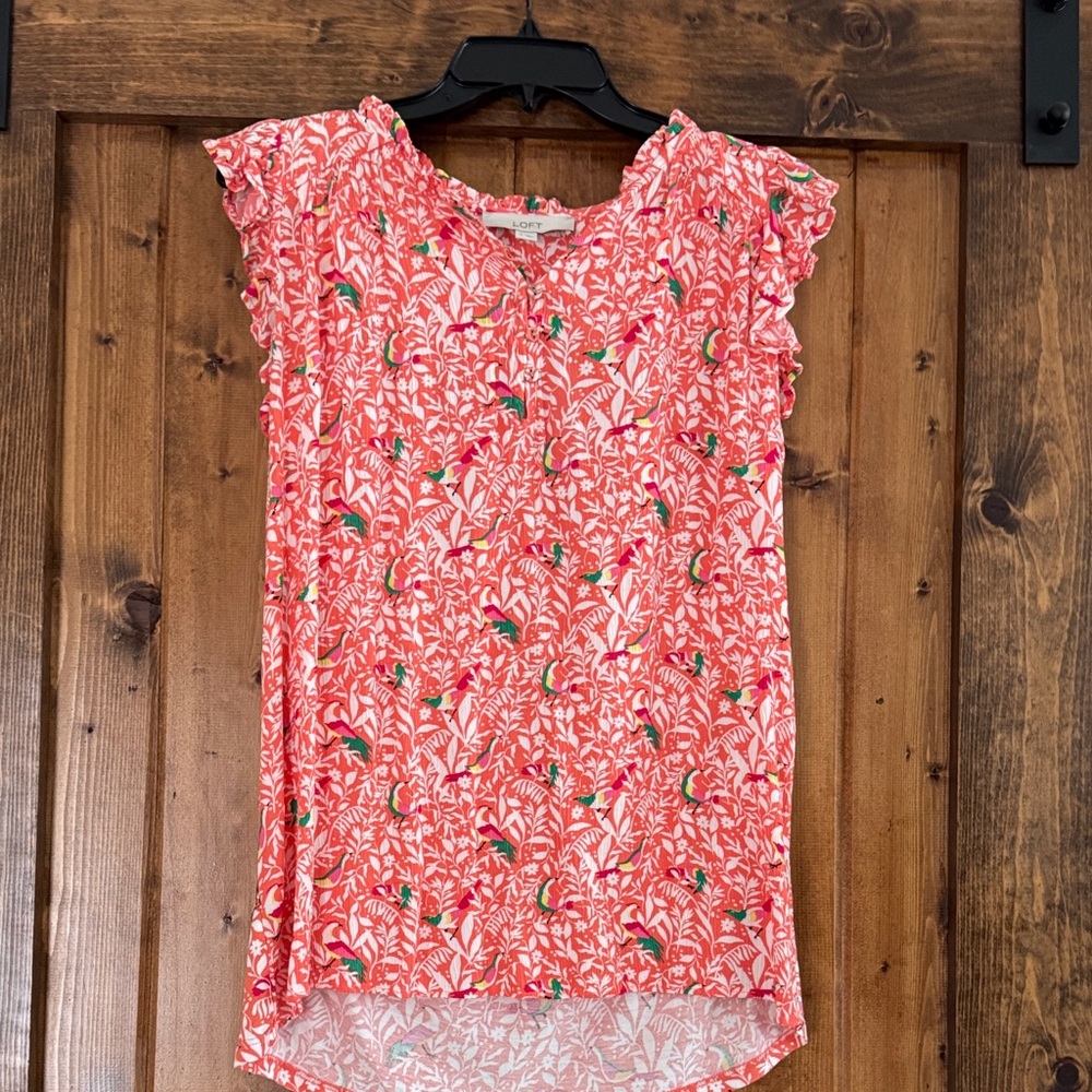 Loft Coral Pink Floral Ruffle Sleeve Blouse